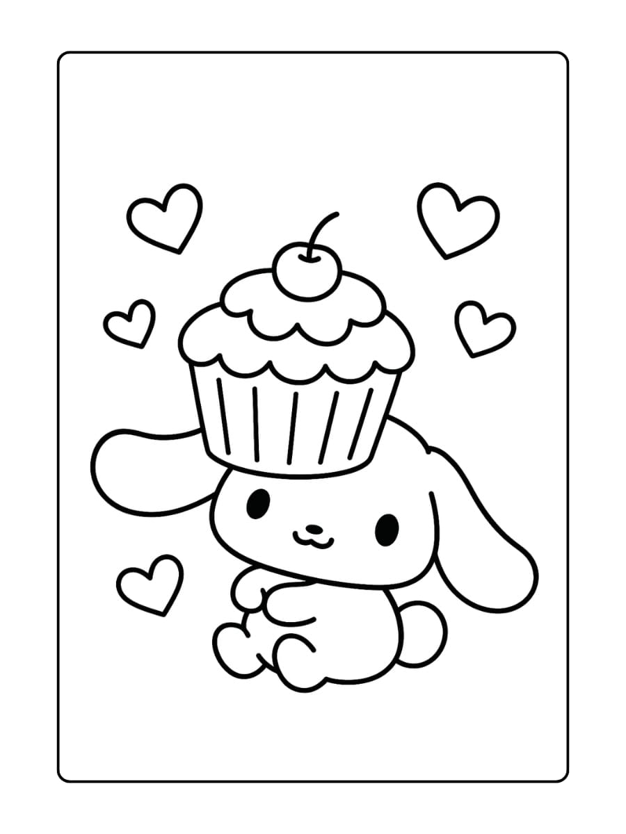 Cinnamoroll knuffelt een gigantische cupcake met kleine hartjes die eromheen zweven