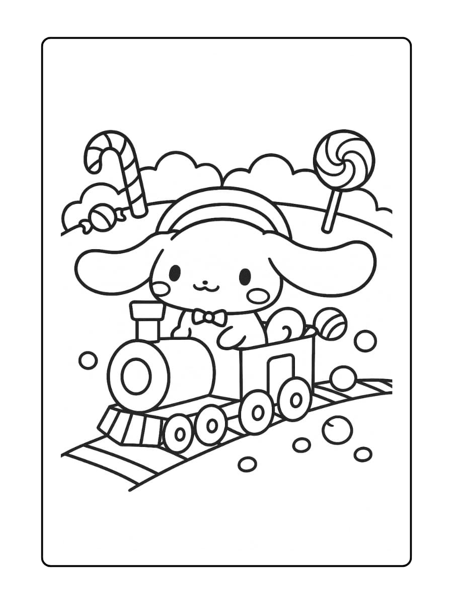 Cinnamoroll rijdt met een speelgoedtrein door een snoepland