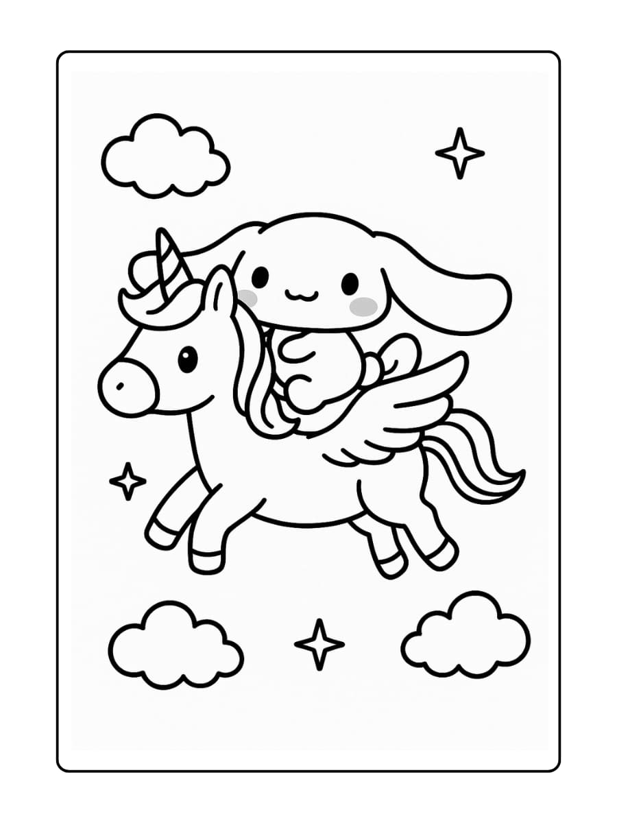 Cinnamoroll rijdt op een vliegende eenhoorn