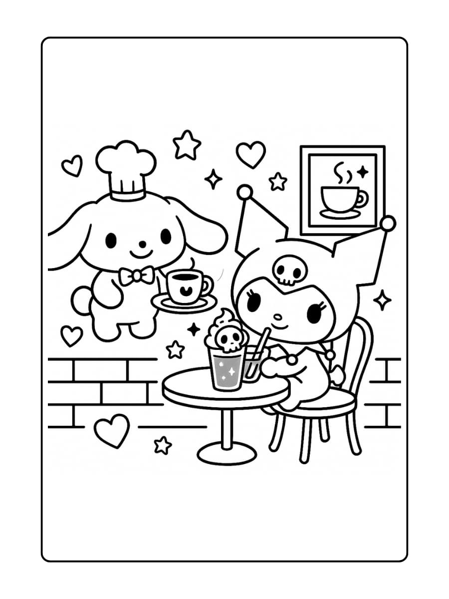 Cinnamoroll serveert koffie, Kuromi nipt aan een griezelig drankje met een topping van opgeklopte schedels