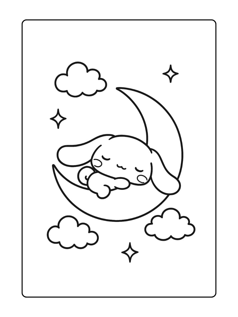 Cinnamoroll slaapt op een halve maan omringd door zachte wolken