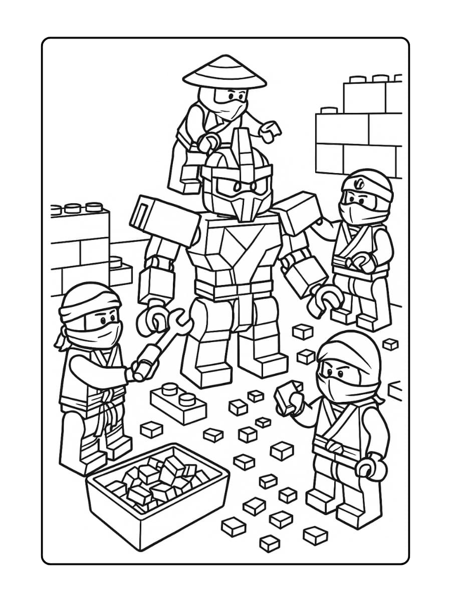 De ninja’s bouwen samen een LEGO-mech
