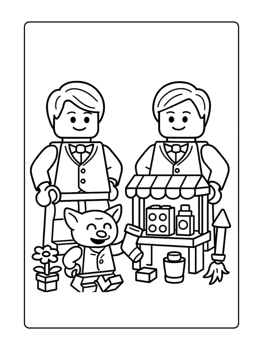 De tweeling Fred en George Wemel staan naast een kleine LEGO-winkelkraam