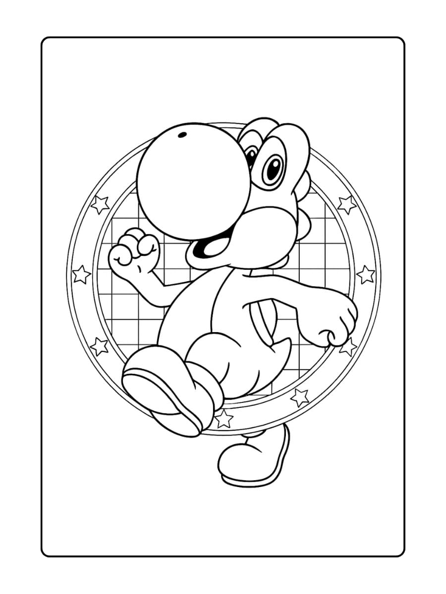 Een vrolijke Yoshi Kleurplaat waarin Yoshi met een opgewekte houding uit een gouden munt springt