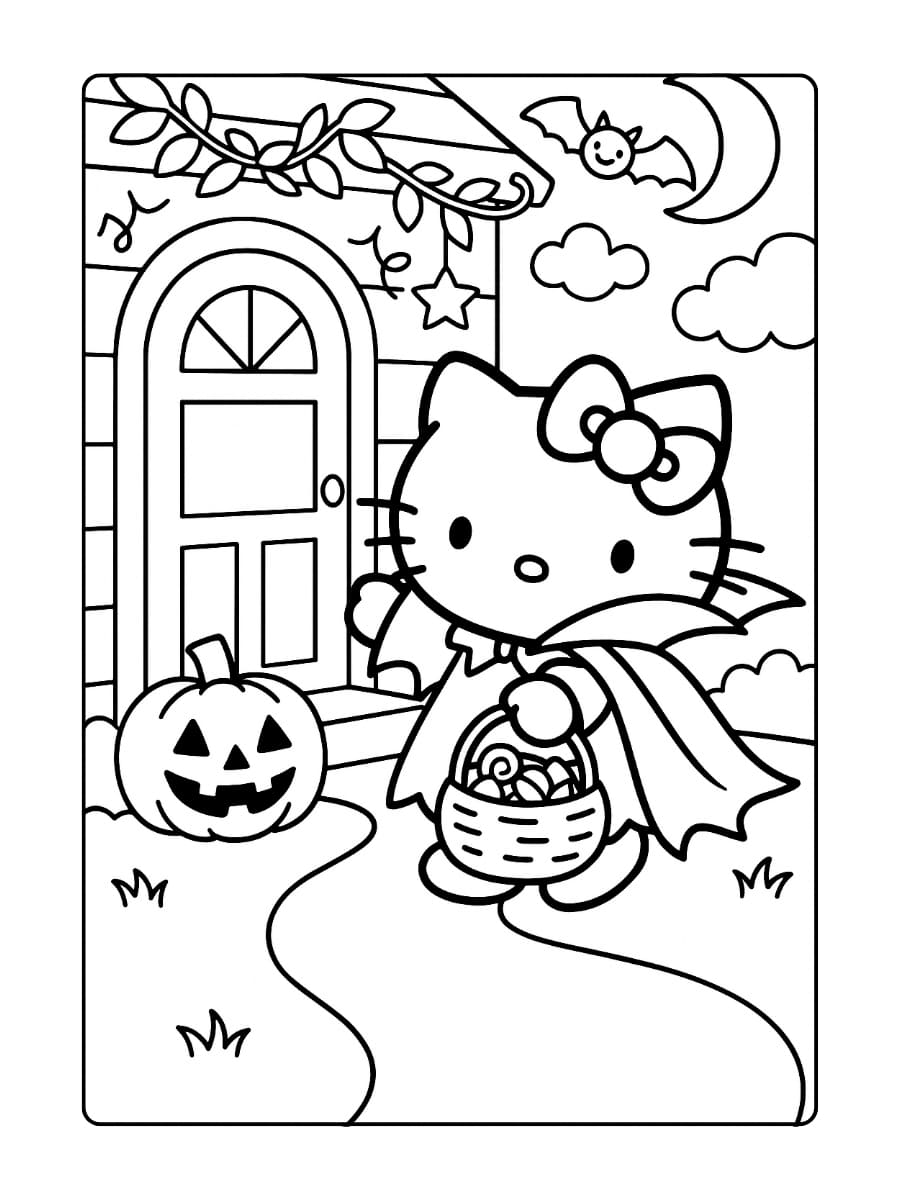 Hello Kitty Gaat Snoep Halen, gekleed in een Halloween-kostuum, met een mandje vol kleurrijke snoepjes. Ze klopt op de deur van een huis met een pompoenlantaarn