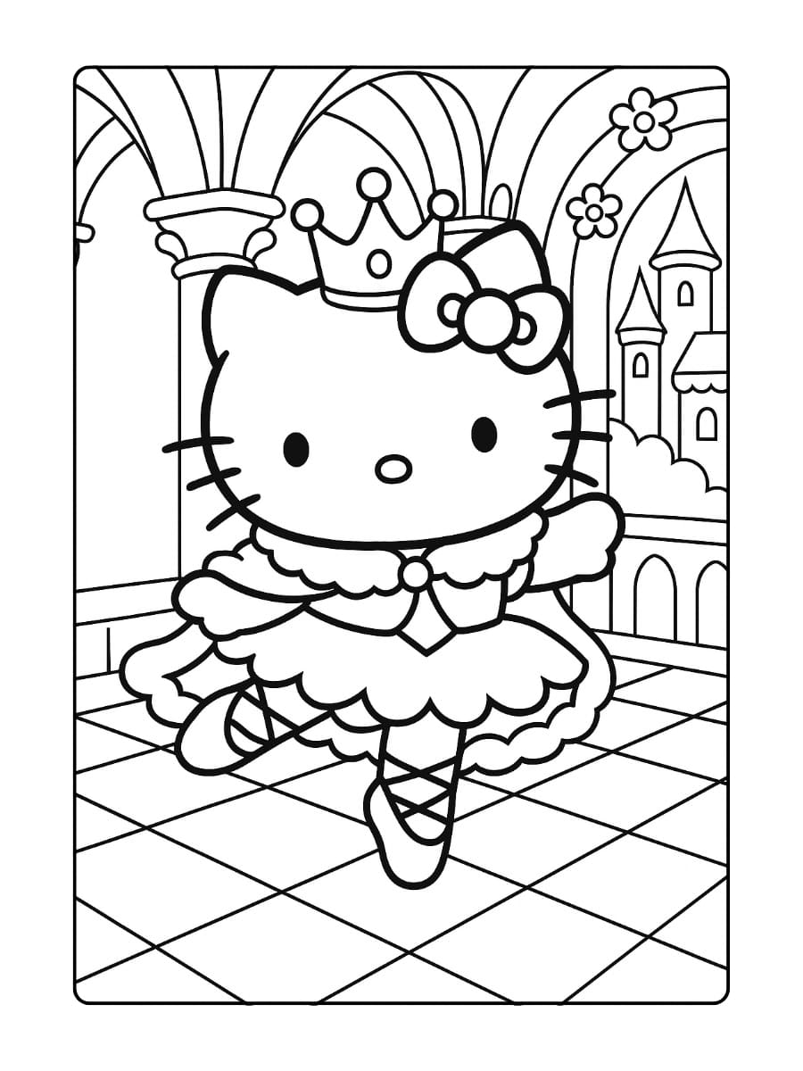 Hello Kitty als ballerina-prinses. Ze danst op een marmeren vloer in een sprookjeskasteel, met een klein kroontje en een zachte koningsmantel