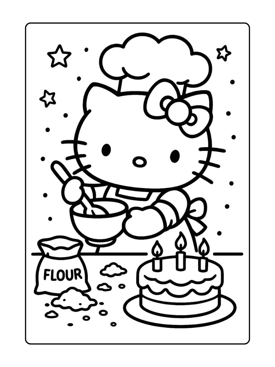 Hello Kitty bakt haar eigen verjaardagstaart, met een koksmuts, mengkom en bloem om zich heen