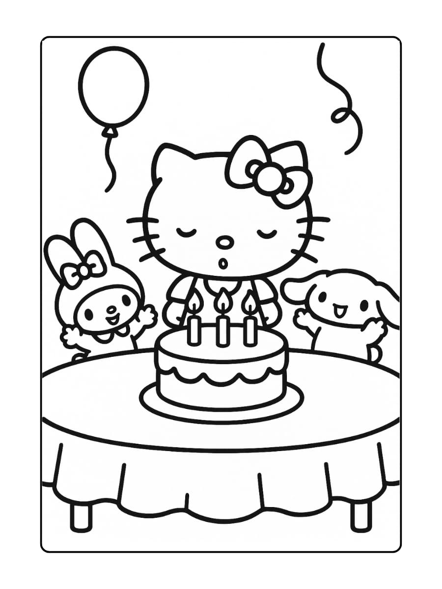 Hello Kitty blaast kaarsjes uit op een taart op een feesttafel, terwijl haar vrienden haar toejuichen
