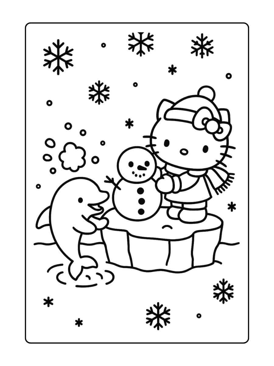 Hello Kitty bouwt een sneeuwpop op een ijsschots, terwijl de dolfijn sneeuw omhoog spettert