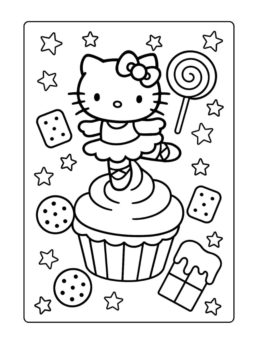 Hello Kitty danst Ballerina op een reusachtige cupcake, draait rond op de romige topping, omringd door koekjes, lolly’s en smeltende chocolade.sterrenpatroon.