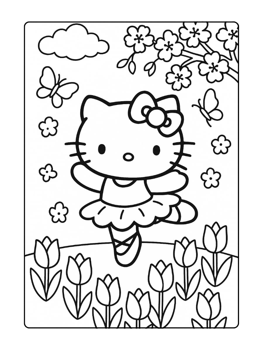 Hello Kitty danst in een lentetuin, draaiend tussen een tapijt van tulpen en fladderende vlinders. In de verte bloeien kersenbloesems onder een lichtbewolkte hemel