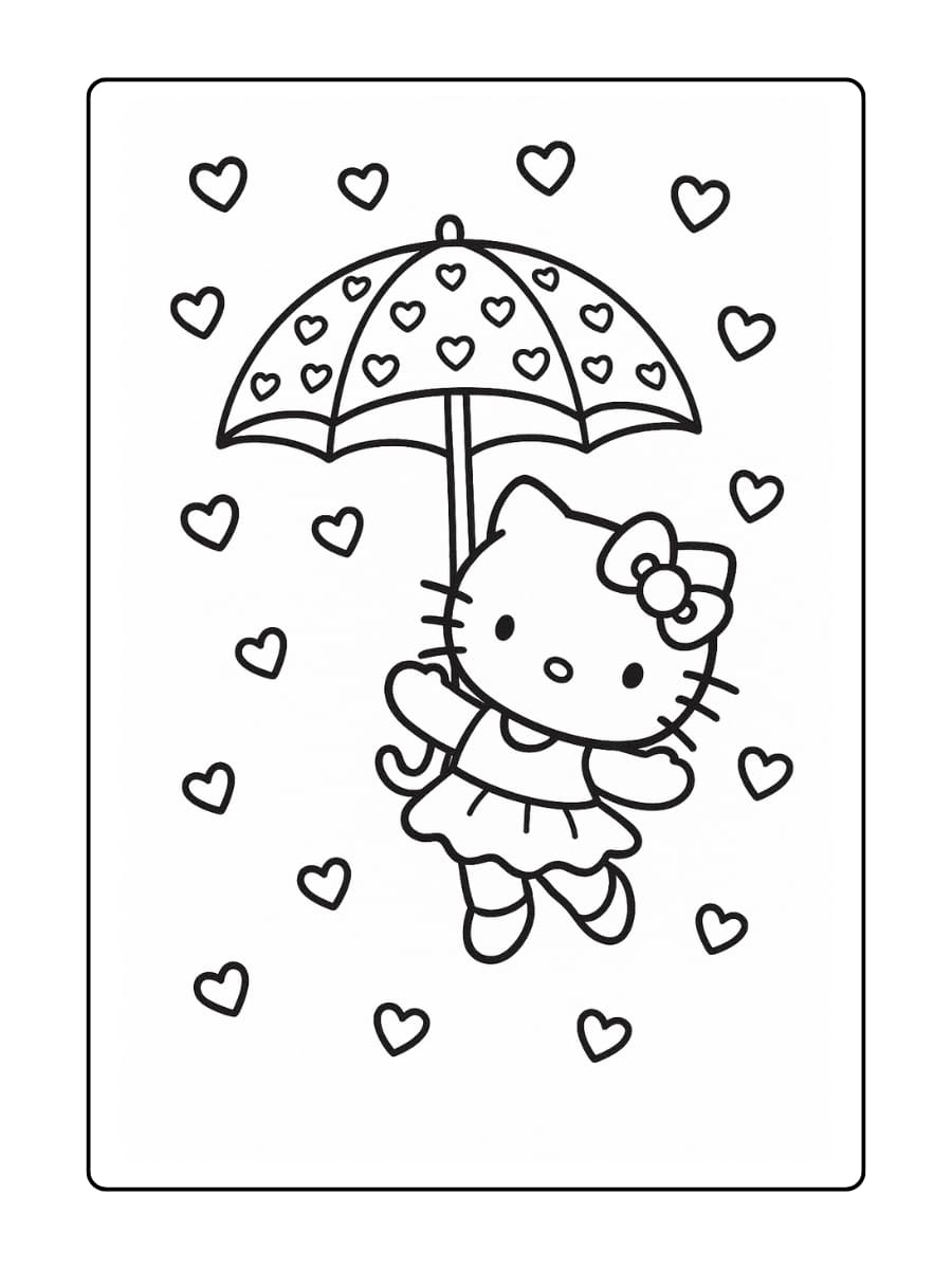 Hello Kitty danst met vallende harten en een paraplu vol met kleine hartjesprints