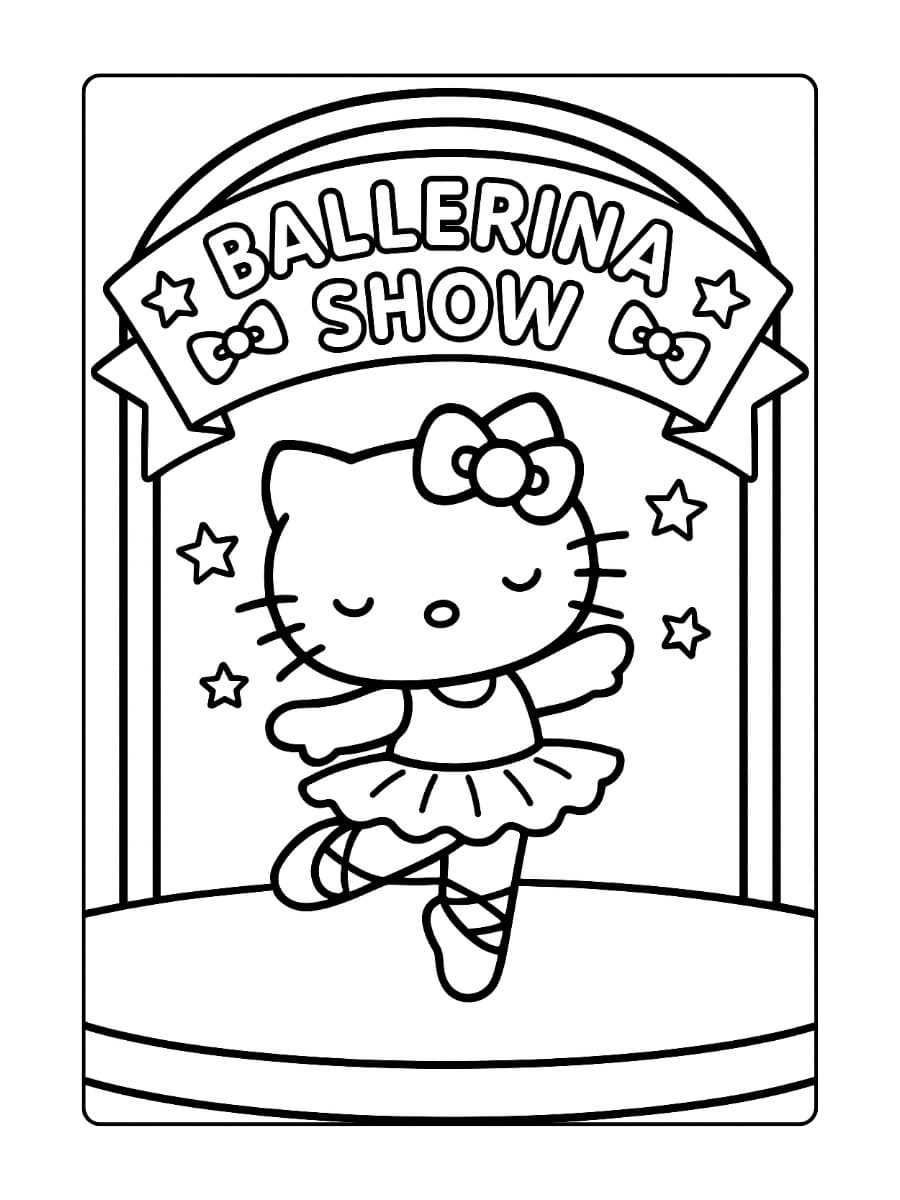 Hello Kitty danst onder een boogvormig spandoek met de tekst 'Ballerina Show'. Ze draait elegant onder het spandoek dat op het podium hangt, met de tekst 'BALLERINA