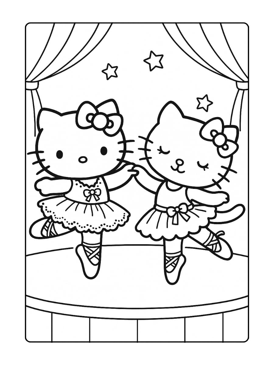 Hello Kitty danst samen met een andere ballerina-kat in een romantische duet onder zachte toneelverlichting
