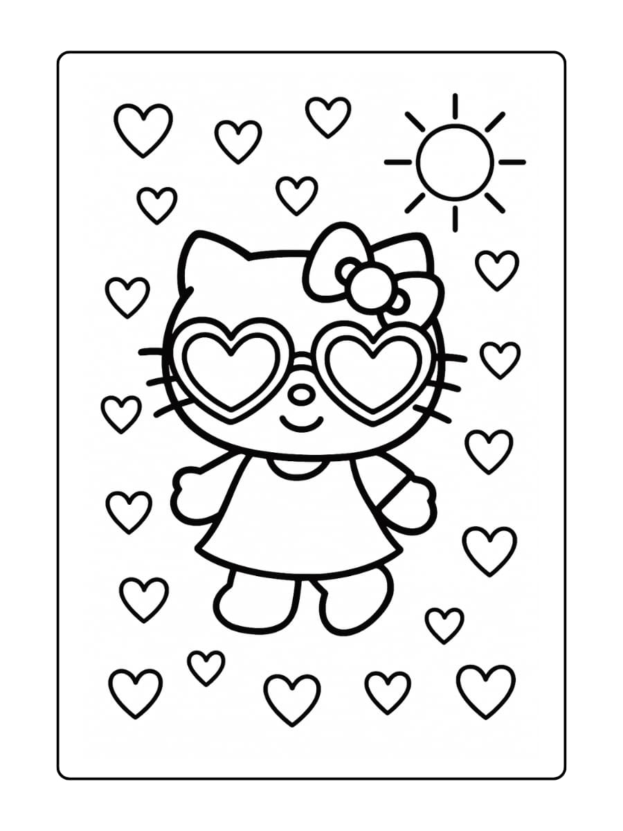 Hello Kitty draagt ​​een zonnebril met een groot hart en lacht in de zon, omringd door harten