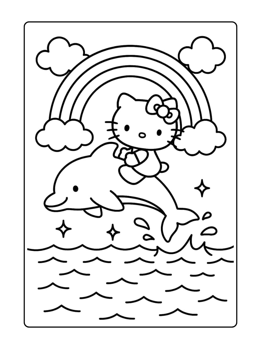 Hello Kitty en een dolfijn springen samen door een regenboog boven een glinsterende zee