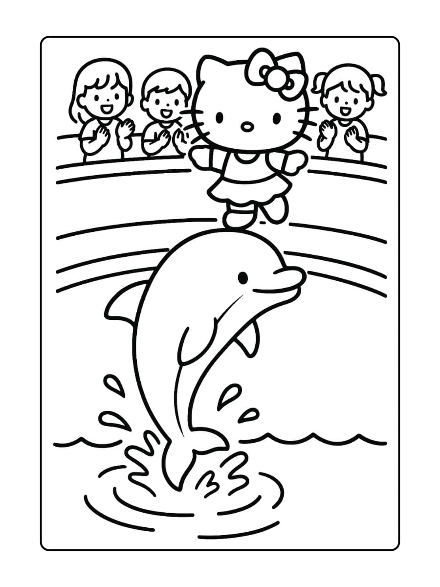 Hello Kitty en een dolfijn voeren een truc uit in een dolfijnenshow, terwijl kinderen klappen op de tribune