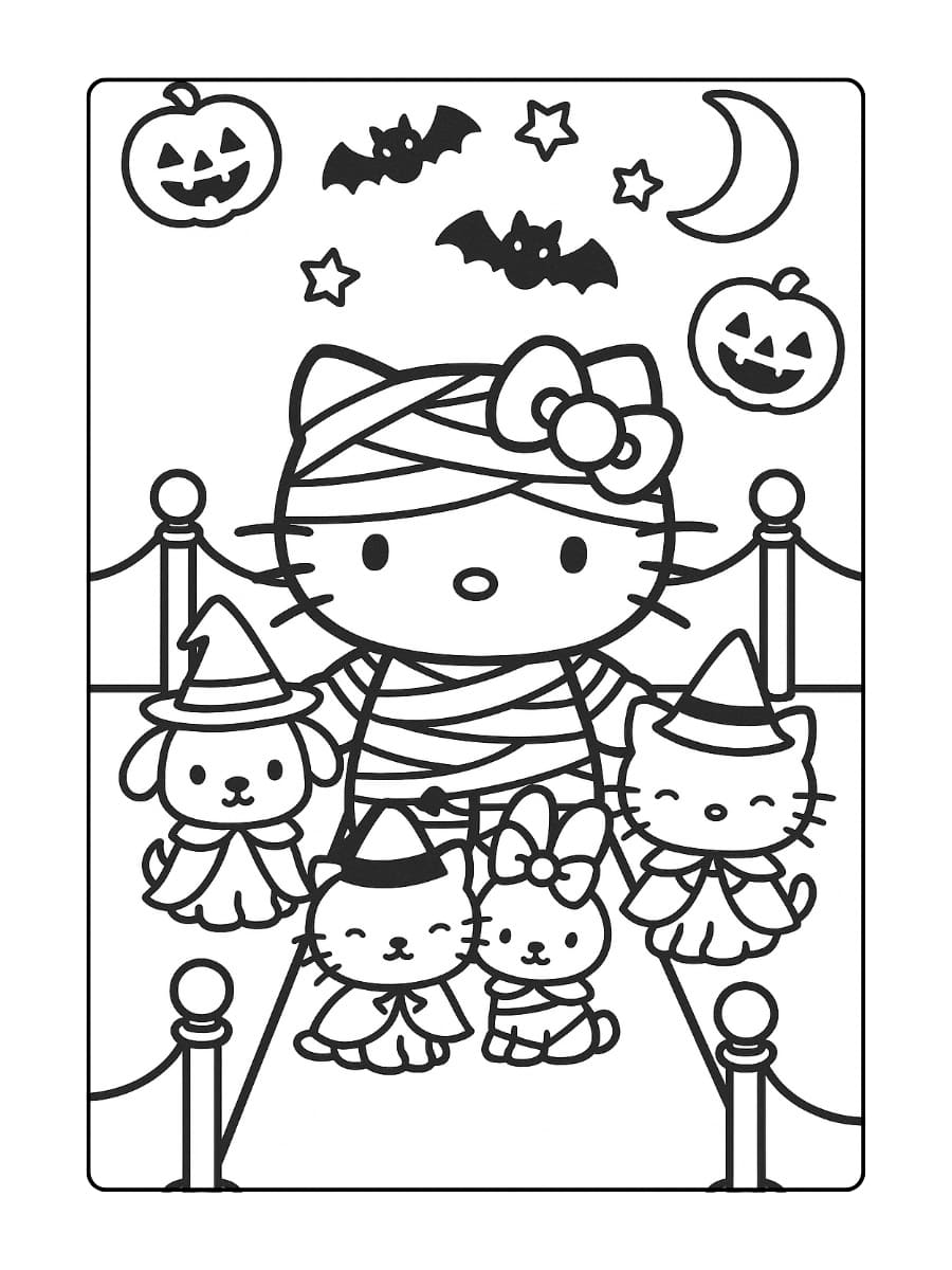 Hello Kitty en haar huisdieren (hond, kat, konijn) dragen allemaal Halloween-kostuums. Sommigen zijn verkleed als mummie, anderen als mini-heks. Ze poseren voor