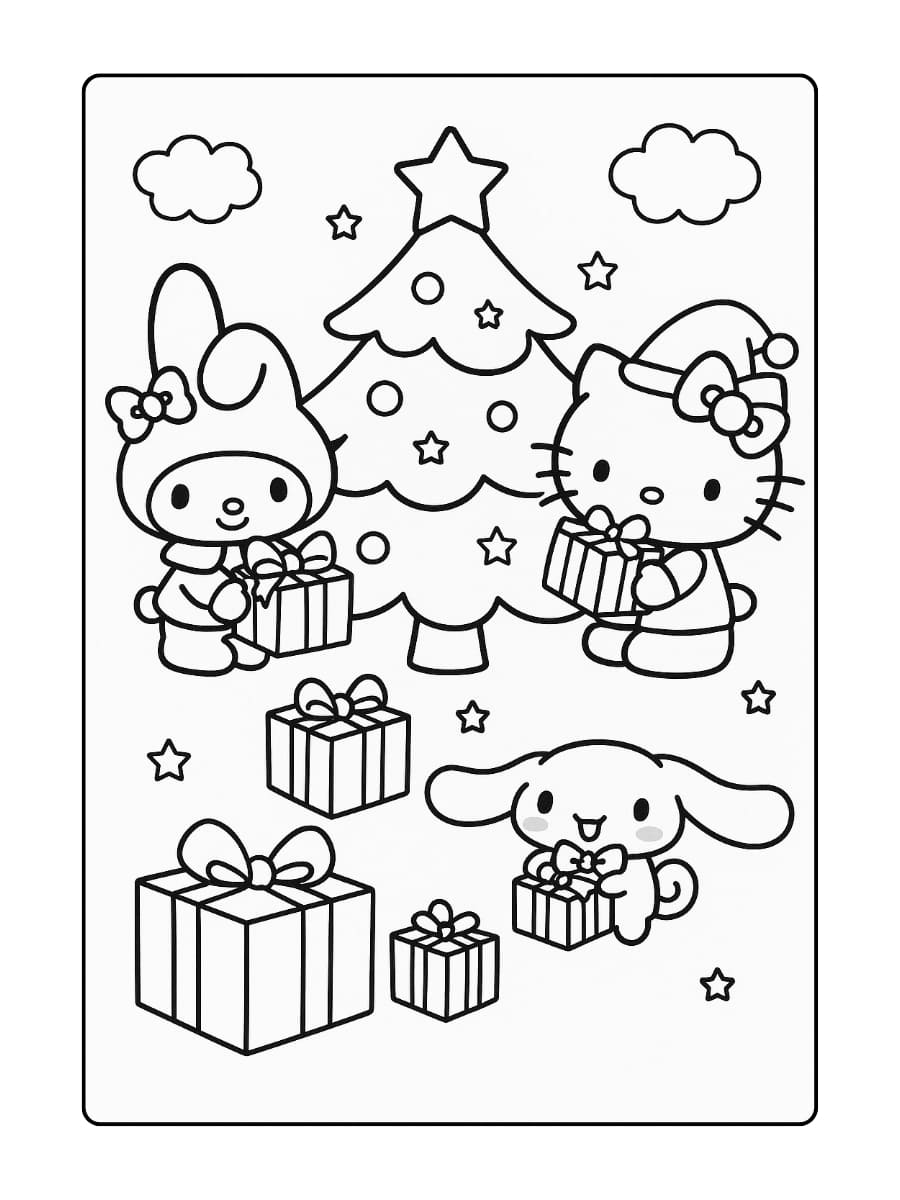 Hello Kitty geeft cadeautjes onder de kerstboom met haar vrienden