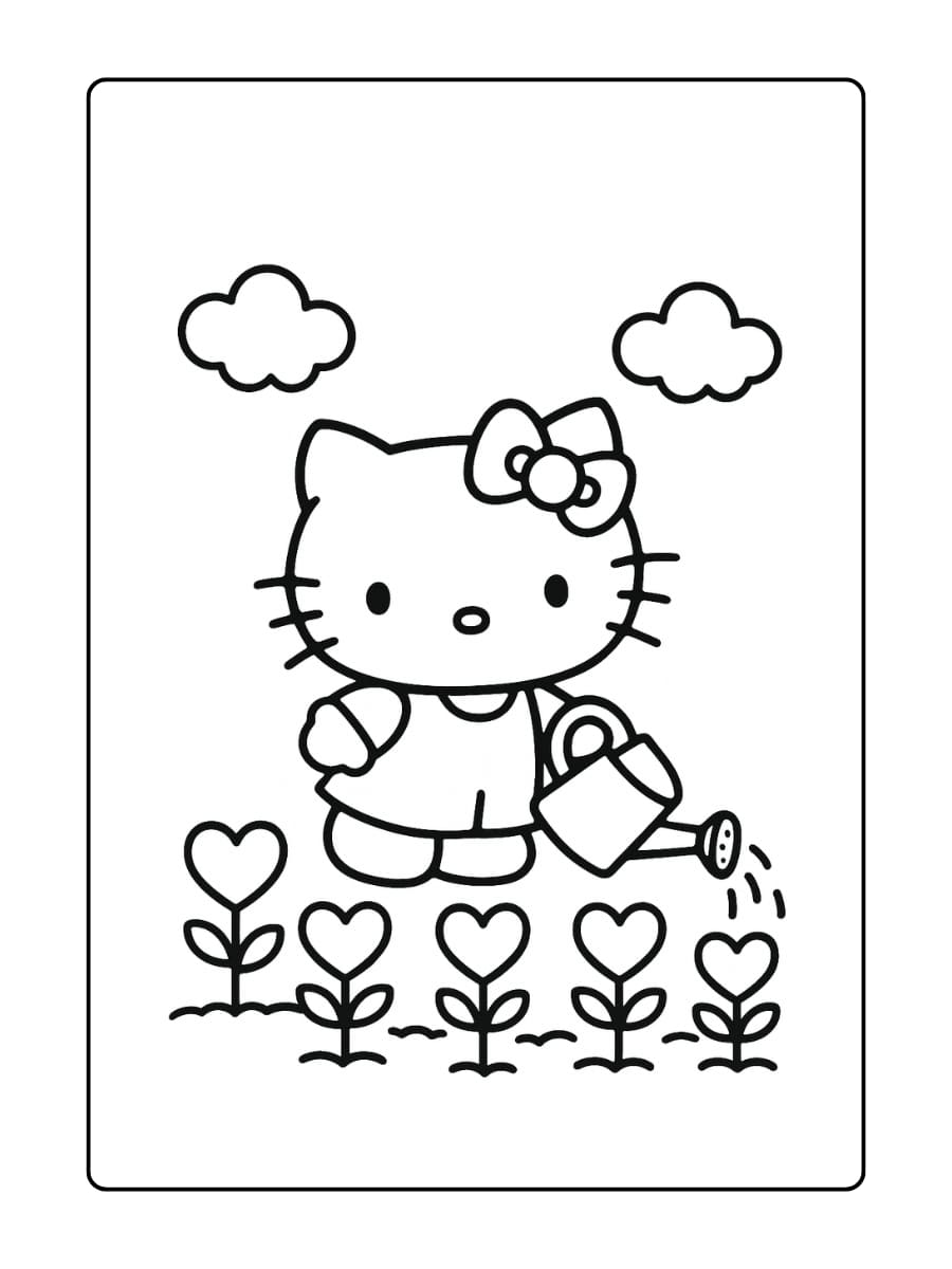 Hello Kitty geeft water aan een tuin waar bloemen bloeien in de vorm van harten