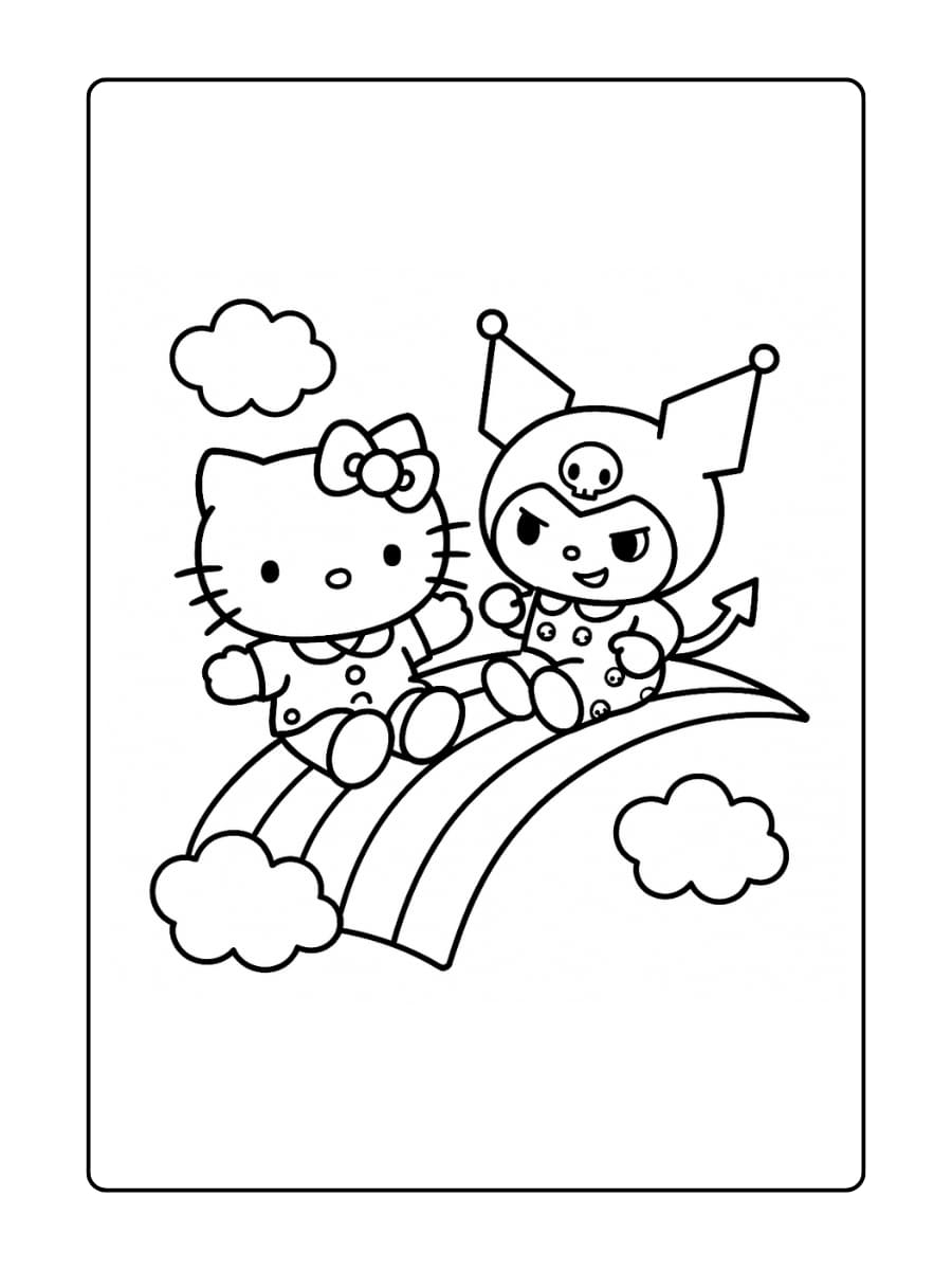 Hello Kitty geniet van de kleuren en Kuromi kijkt een beetje ondeugend
