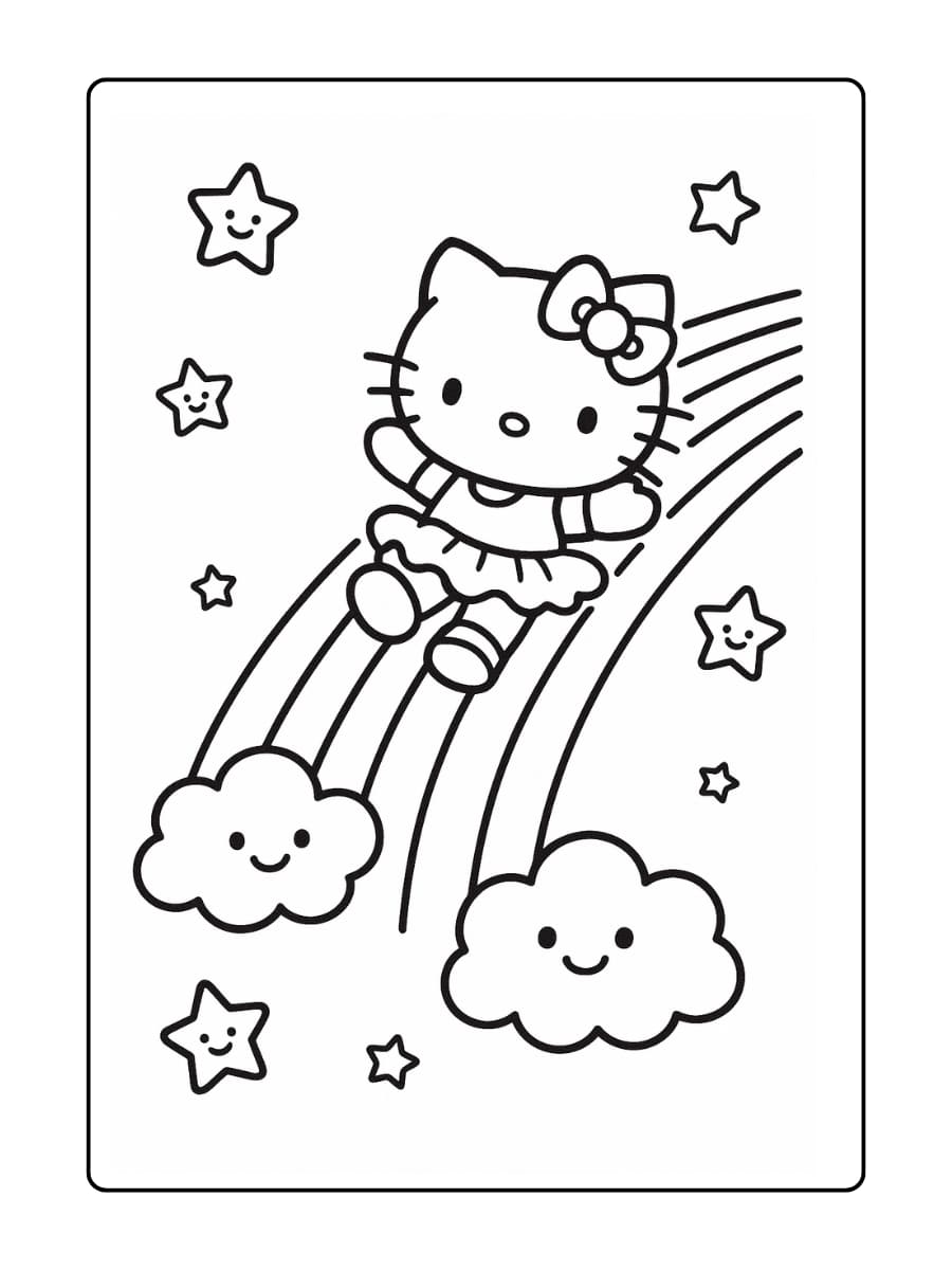 Hello Kitty glijdt over een regenboog met lachende wolken en sterren die om haar heen juichen