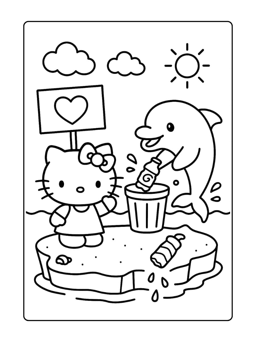 Hello Kitty houdt een bordje met een hart voor de oceaan omhoog op het strand, terwijl de dolfijn afval in een prullenbak gooit