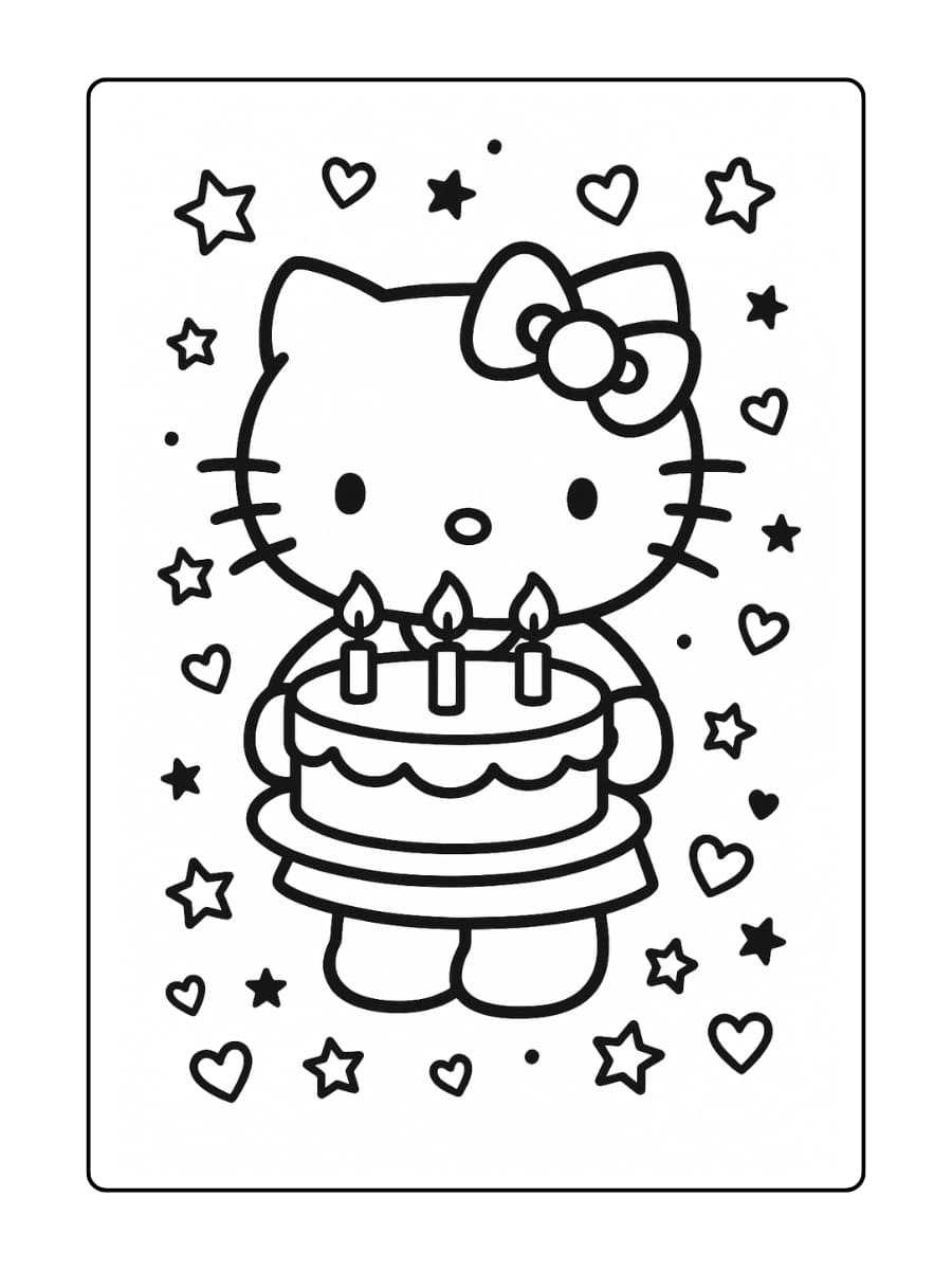 Hello Kitty houdt een grote verjaardagstaart met kaarsjes vast en glimlacht, omringd door sterren en hartjes