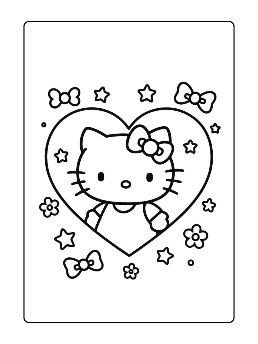 Hello Kitty in een gigantisch hartvormig frame, omringd door strikken, sterren en bloemen