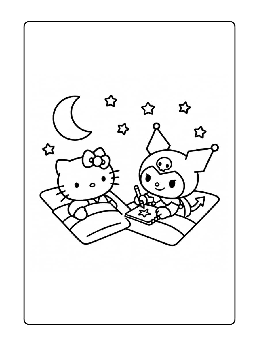 Hello Kitty kijkt naar de maan, Kuromi krabbelt op een notitieboekje