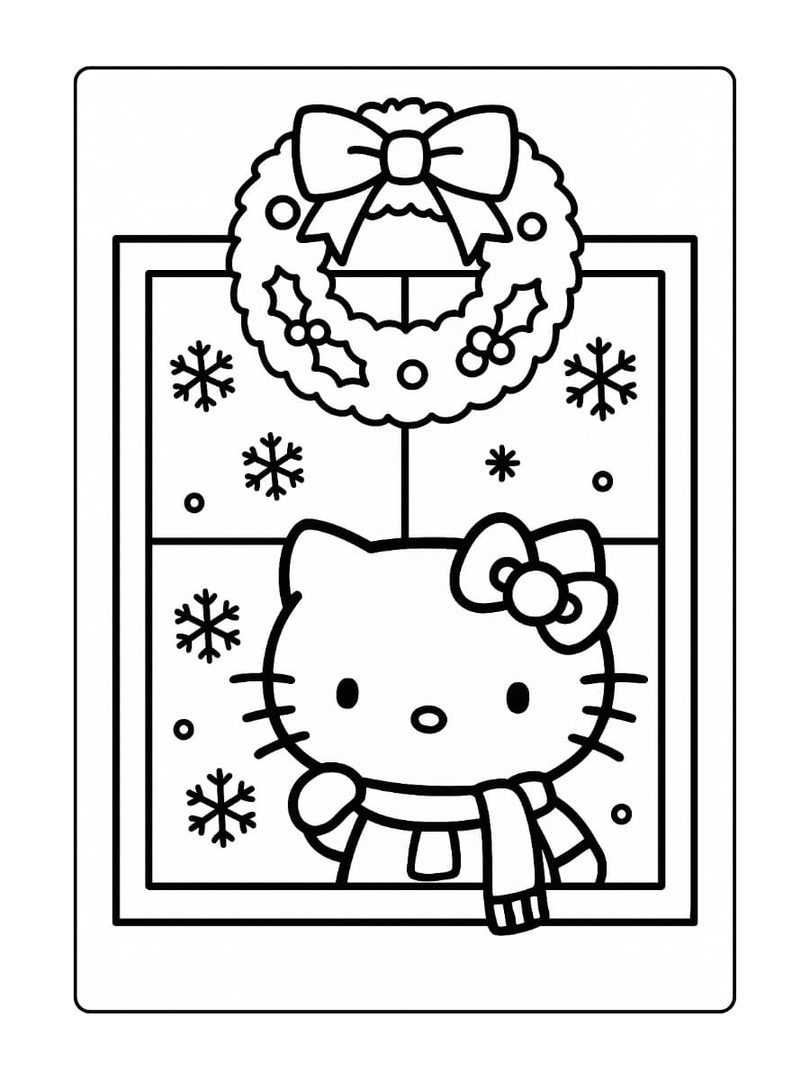 Hello Kitty kijkt uit het warme kerstraam