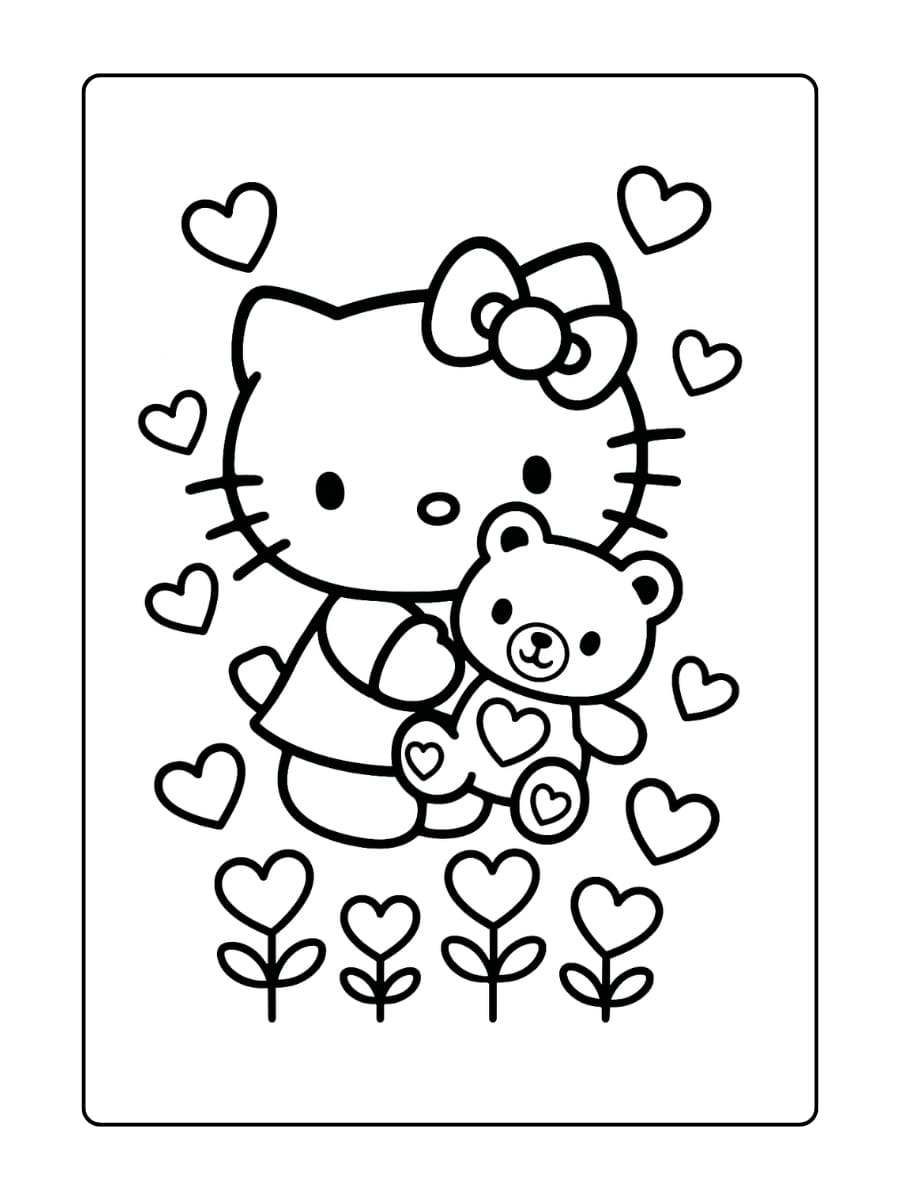 Hello Kitty knuffelt een teddybeer met hartjes op zijn buik, omringd door zwevende hartjes