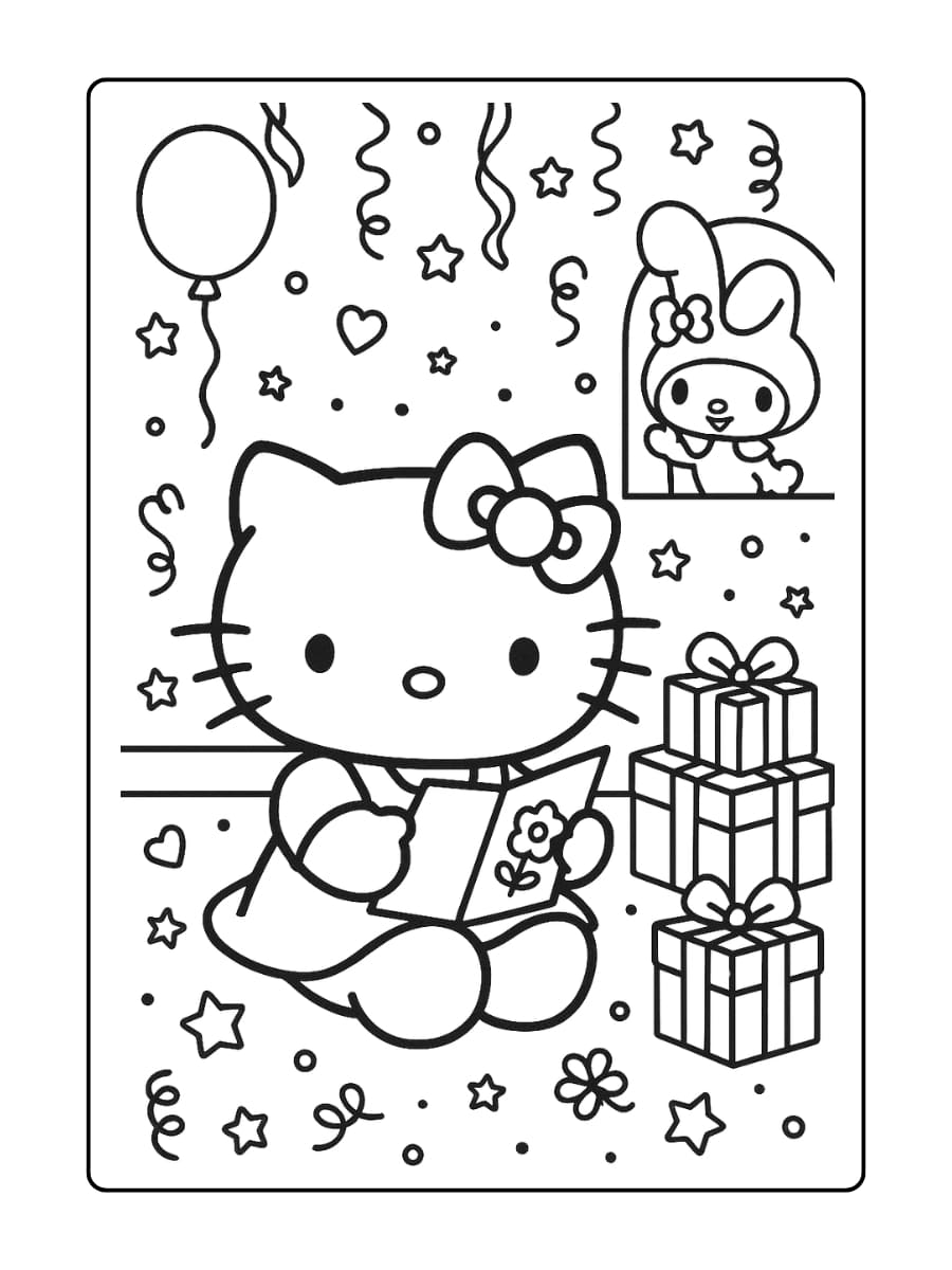 Hello Kitty leest verjaardagskaarten, zittend in een gezellige, met verjaardagsversieringen versierde kamer
