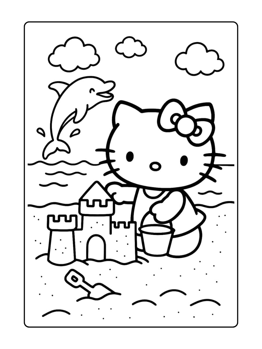 Hello Kitty maakt een zandkasteel op het strand, terwijl een dolfijn uit het water omhoog springt met een glimlach