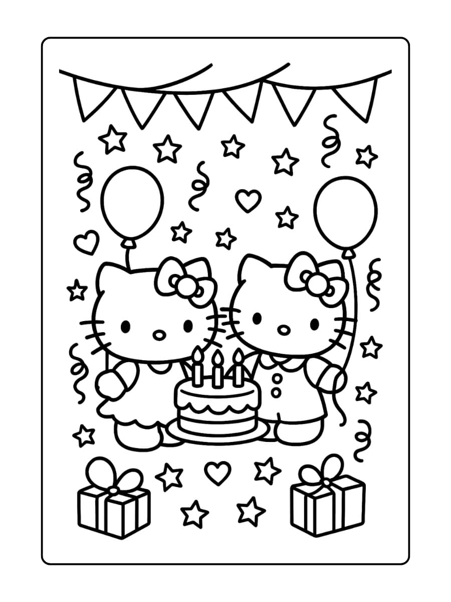Hello Kitty met Mimmy, beiden gekleed in verjaardagsoutfits met ballonnen