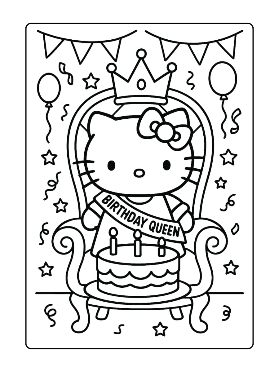 Hello Kitty met een Birthday Queen-sjerp en kroon, zittend op een feesttroon