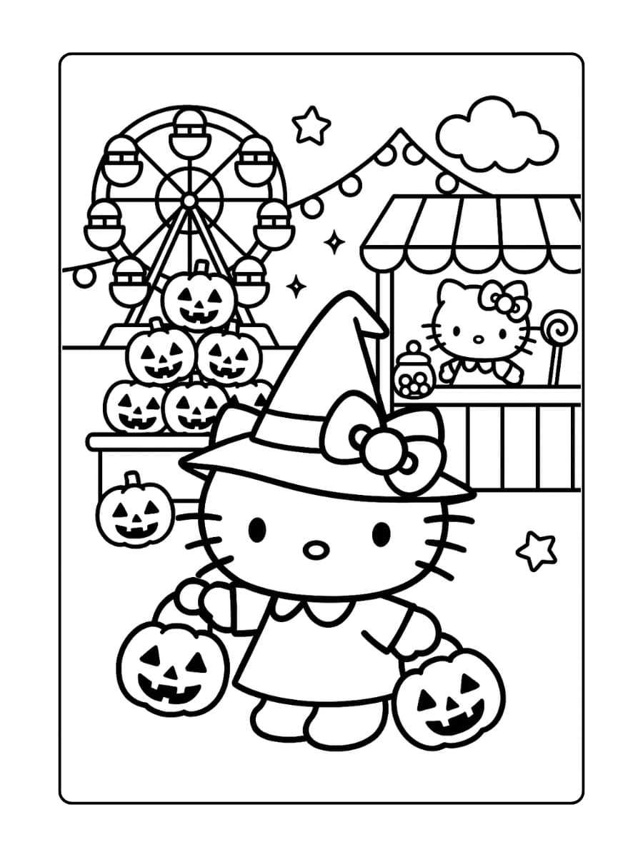 Hello Kitty neemt deel aan een kleurrijke Halloween-kermis met een reuzenrad, een pompoenwerp-spel en een snoepkraam. Elke zone heeft sprankelende lichtjes en e