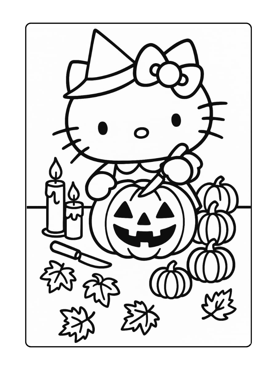 Hello Kitty neemt deel aan een kleurrijke Halloween-kermis met een reuzenrad, een pompoenwerp-spel en een snoepkraam. Elke zone heeft sprankelende lichtjes en een bruis