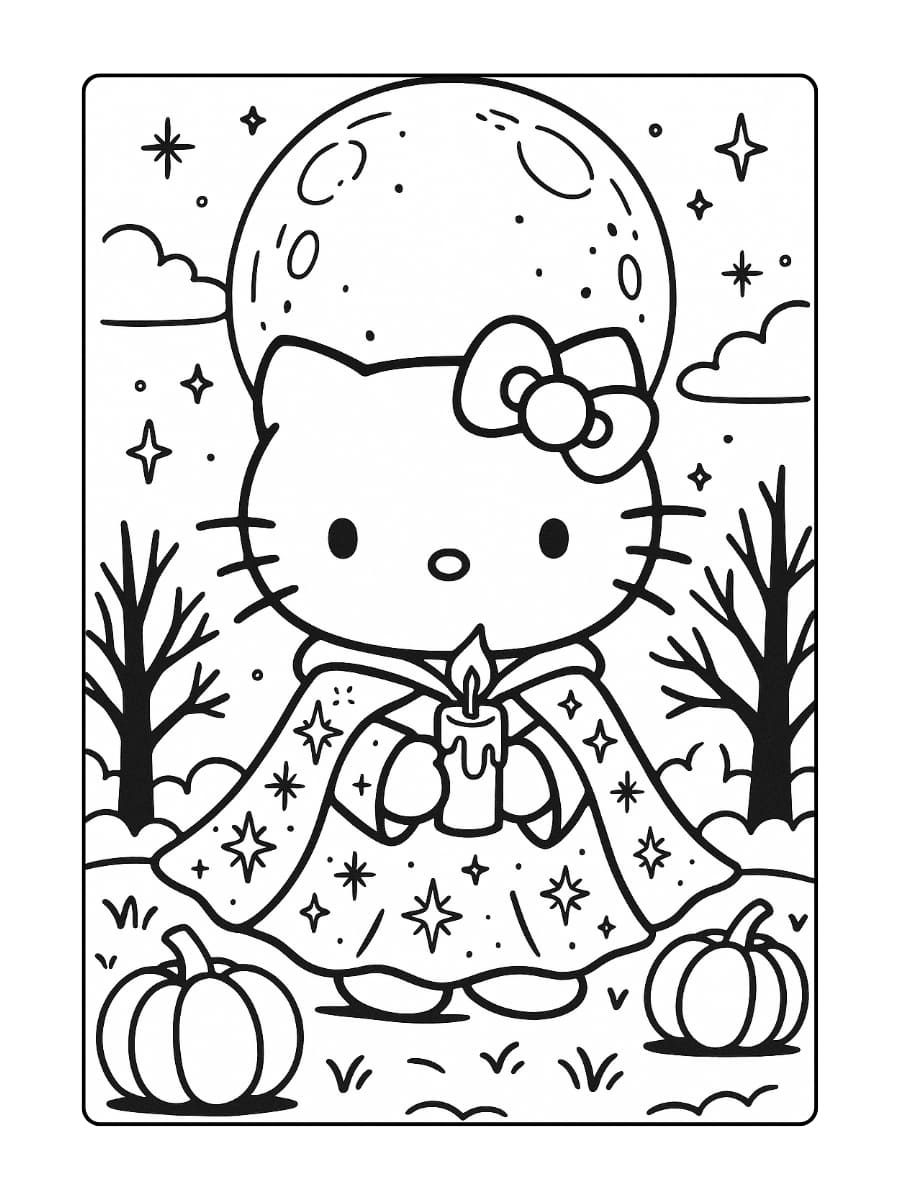 Hello Kitty neemt deel aan het festival onder de bloedmaan – een magisch Halloween-ritueel in het bos, waar alle wezens oplichten. Ze draagt een glinsterende ma