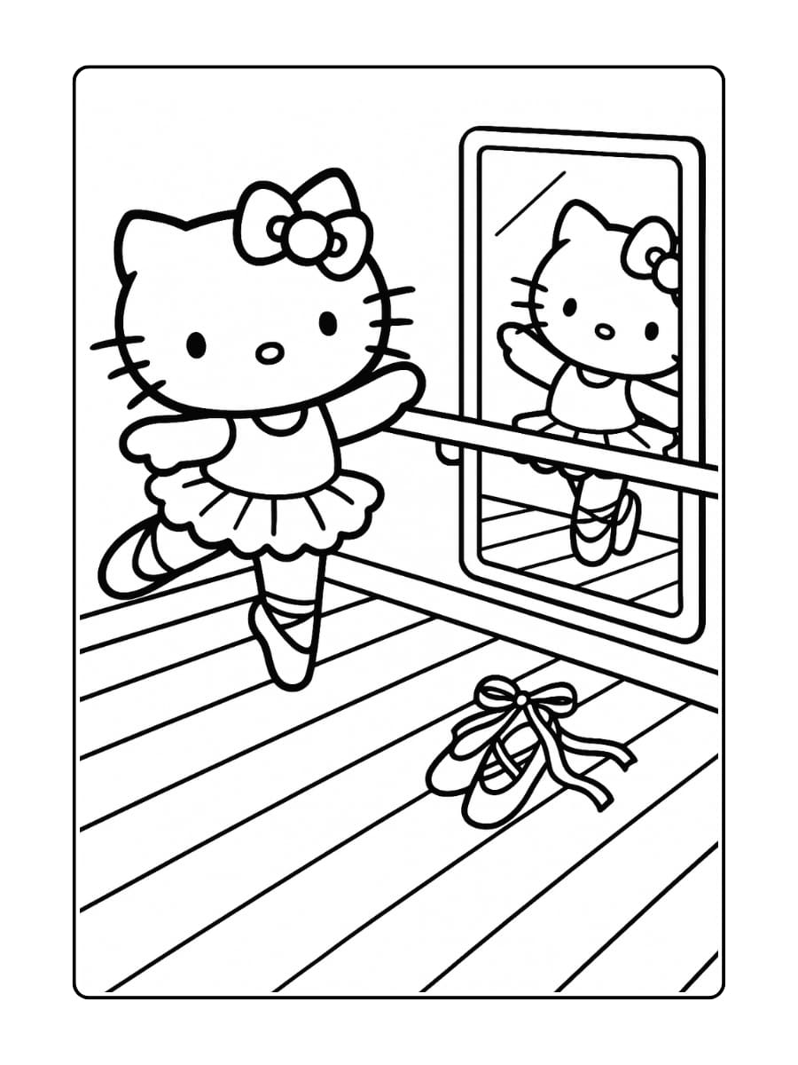Hello Kitty oefent een balletpose voor een spiegel in een dansstudio met houten vloer en balletschoenen op de grond