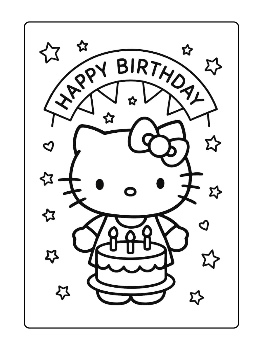 Hello Kitty onder een Happy Birthday-boog, met hangende vlaggetjes en fonkelende sterren