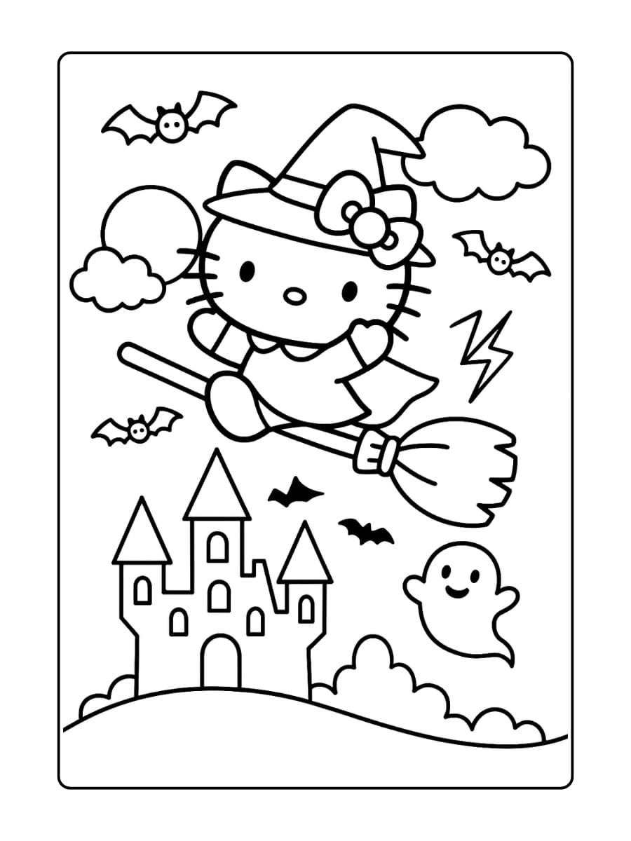 Hello Kitty op de Vliegende Bezem, zweeft door de nachtelijke hemel op een heksenbezem. Onder haar ligt een spookkasteel met bliksem en vleermuizen die eromheen