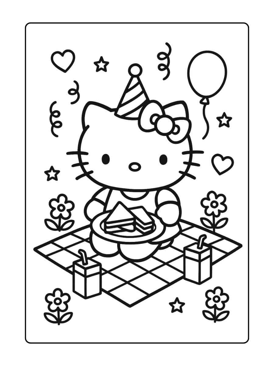Hello Kitty op een picknickverjaardagsfeestje, zittend op een picknickkleed met sandwiches en sapjes