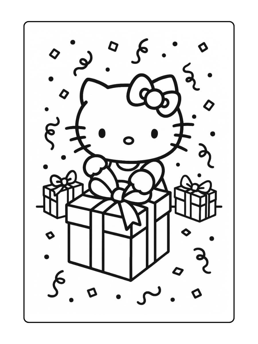 Hello Kitty opent een gigantisch ingepakt cadeau, strik in haar haar, achtergrond met cadeaus en confetti