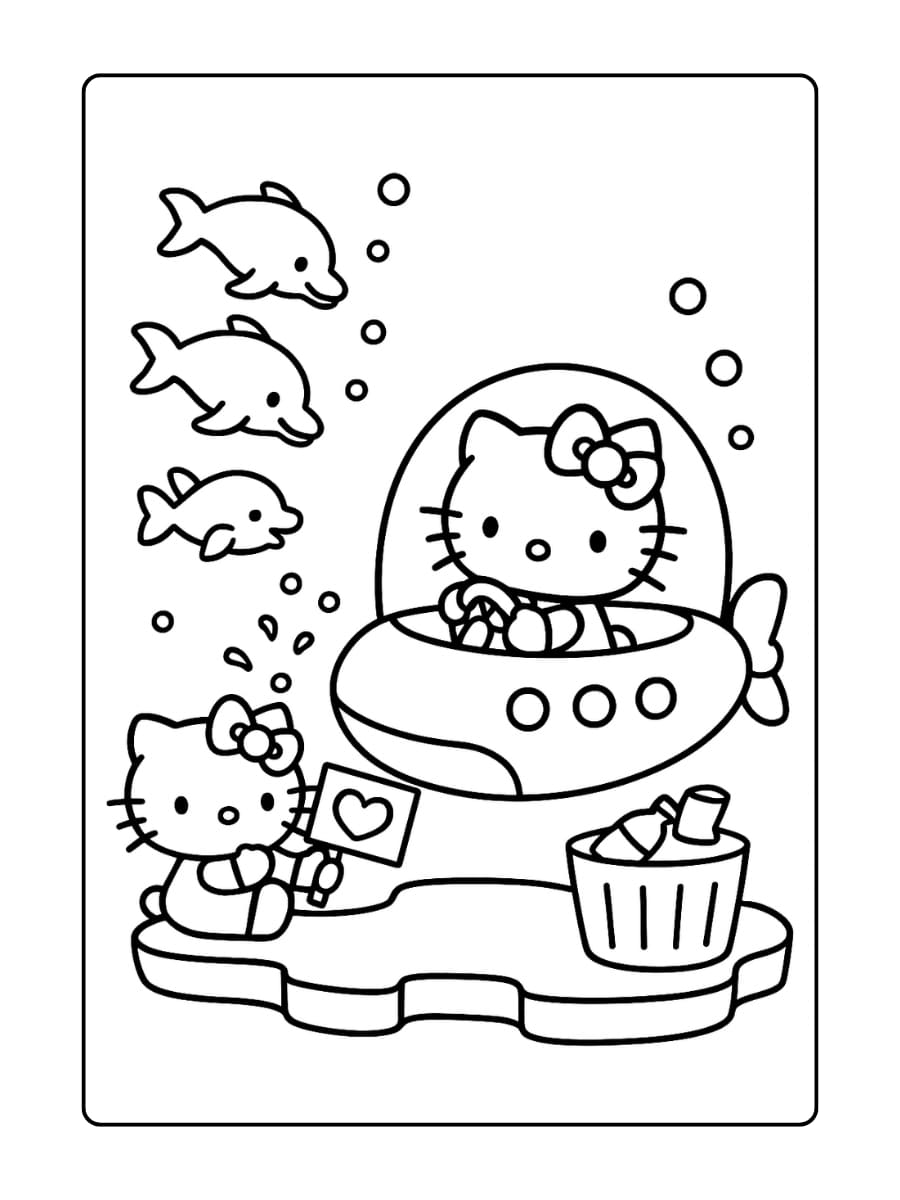 Hello Kitty rijdt in een klein onderwatervoertuig en kijkt lachend naar een groep nieuwsgierige dolfijnen