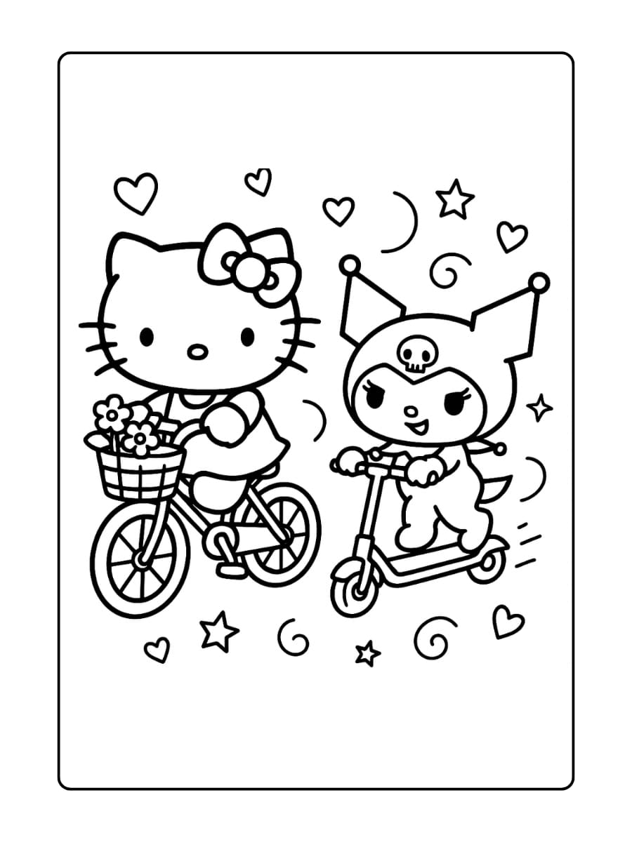 Hello Kitty rijdt op een fiets met een bloemenmand, Kuromi rijdt naast haar op een scooter