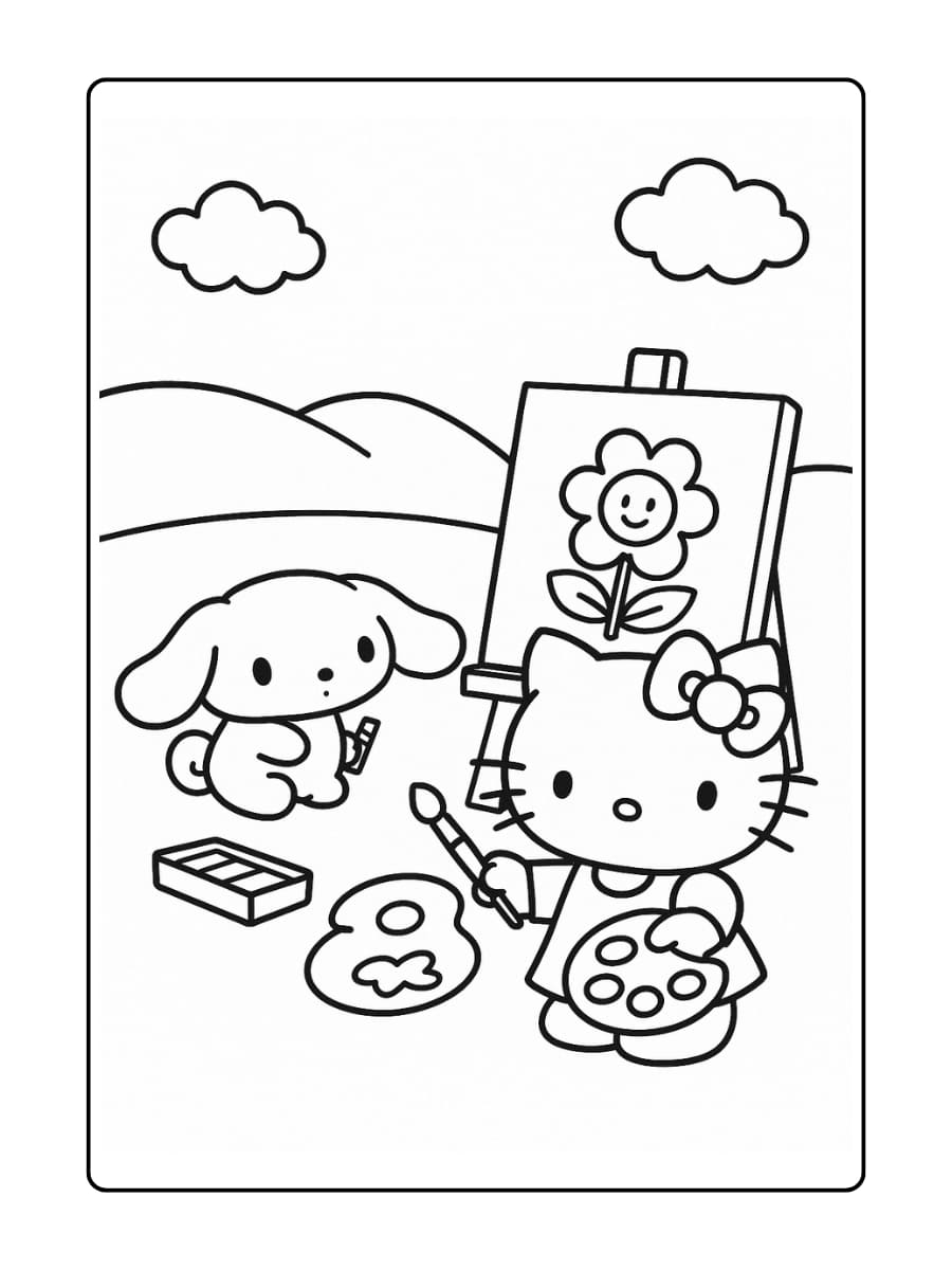 Hello Kitty schildert terwijl Cinnamoroll toekijkt en probeert te tekenen met zijn poot
