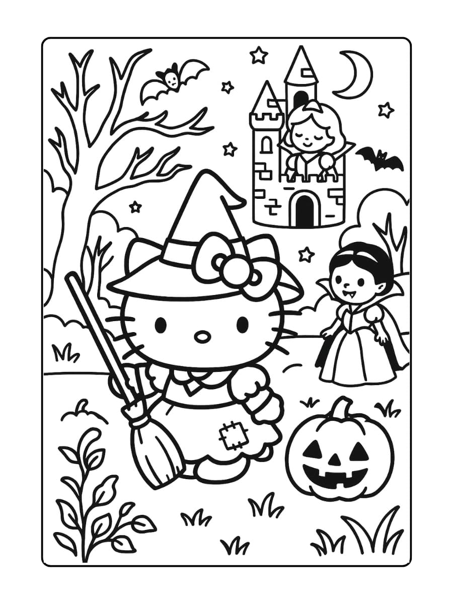 Hello Kitty speelt de rol van personages in sprookjes die een “Halloween-twist” hebben gekregen – zoals Assepoester de heks, Sneeuwwitje de vampier, Doornroosje