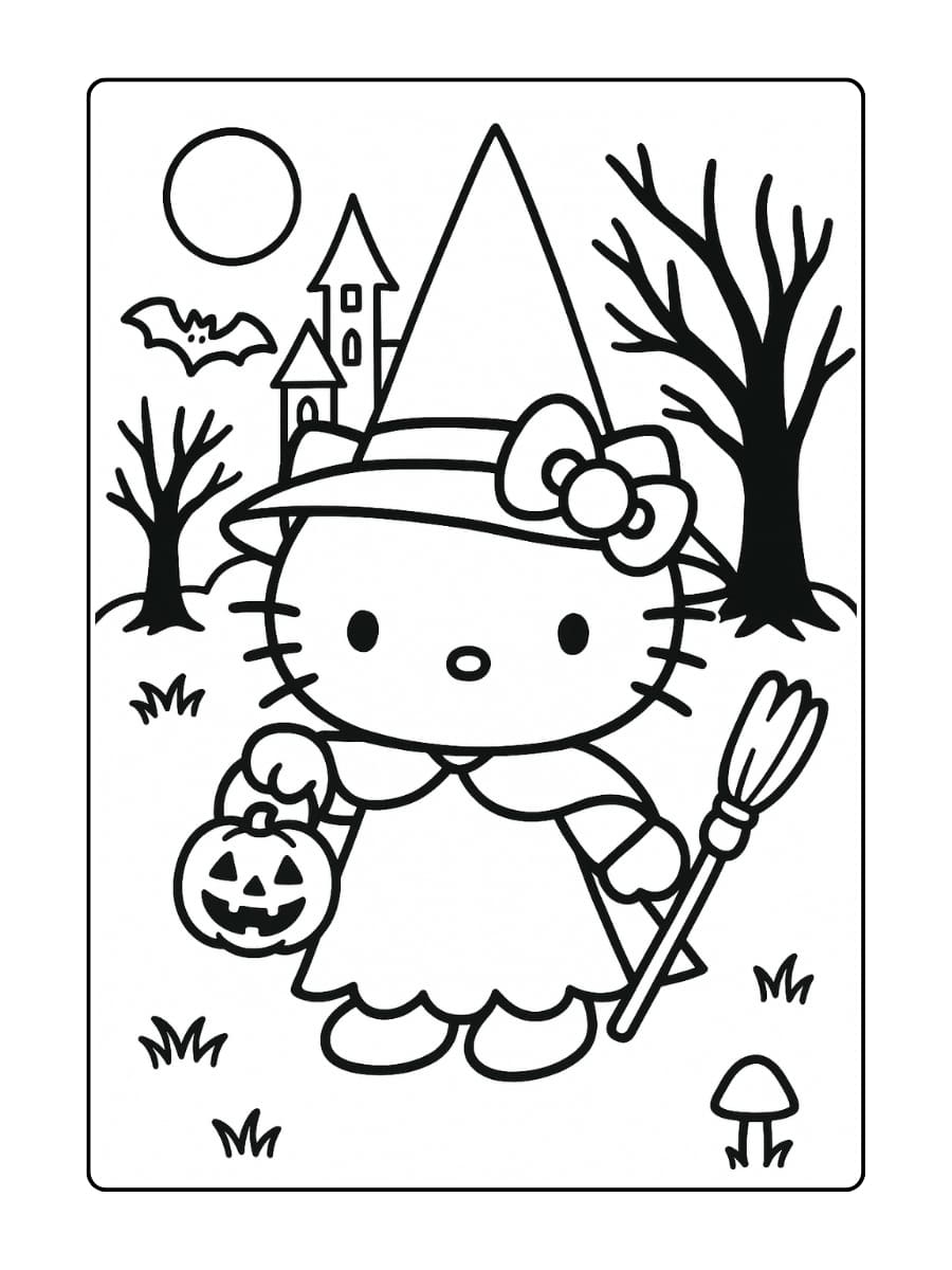 Hello Kitty speelt de rollen van sprookjesfiguren die zijn gehalloweeniseerd – zoals Assepoester de heks, Sneeuwwitje de vampier, Doornroosje in het Spookkastee