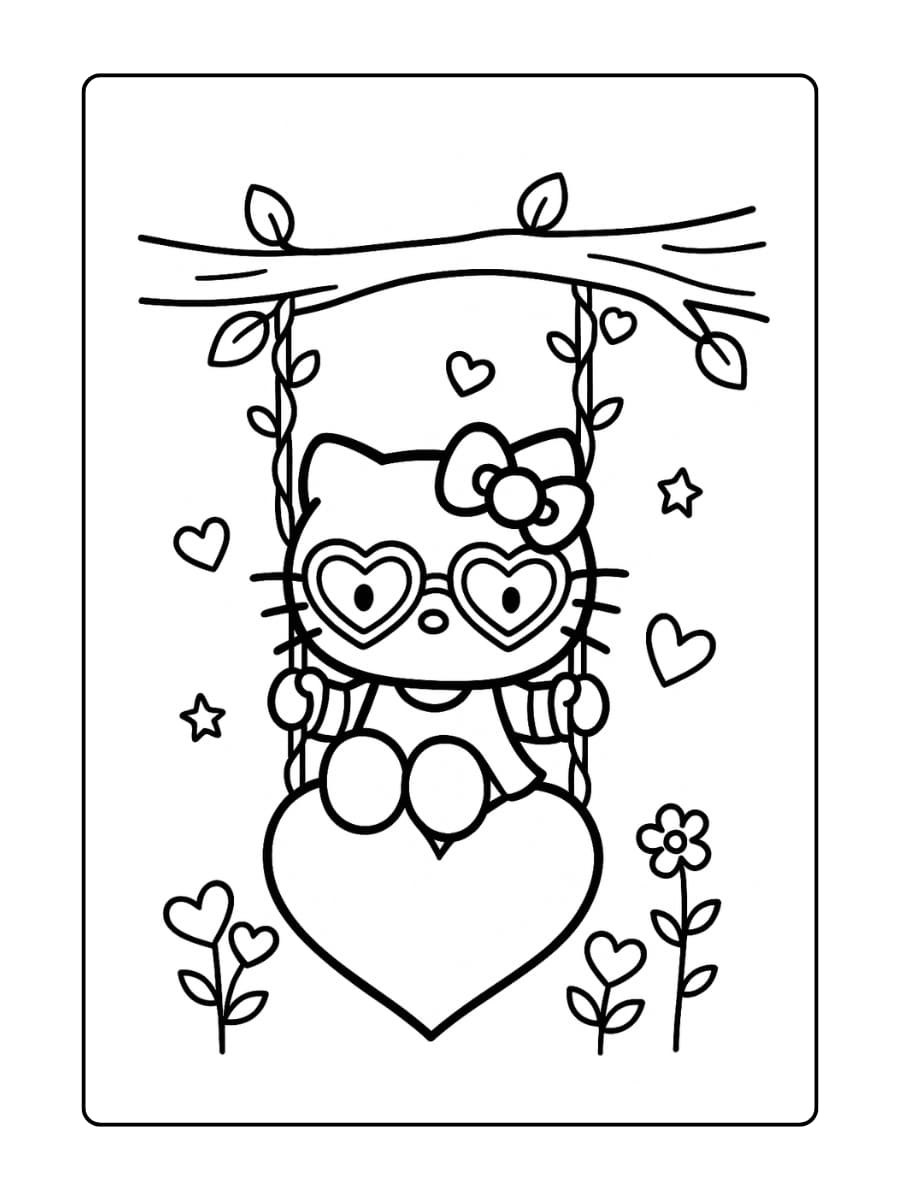 Hello Kitty staat naast een boom waar alle bladeren hartvormig zijn en sommige zachtjes naar beneden vallen